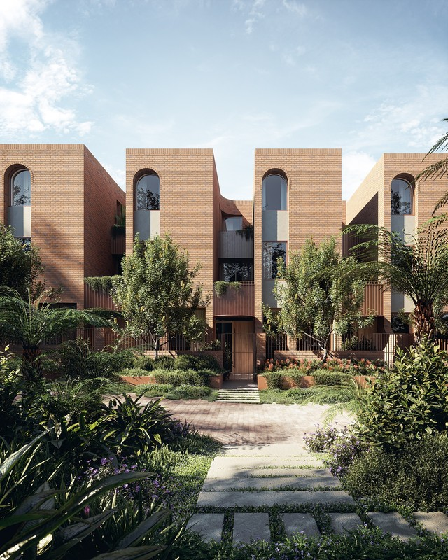 Artist impression of a landscaped garden entrance to contemporary residences presented by Key Smart Realty
